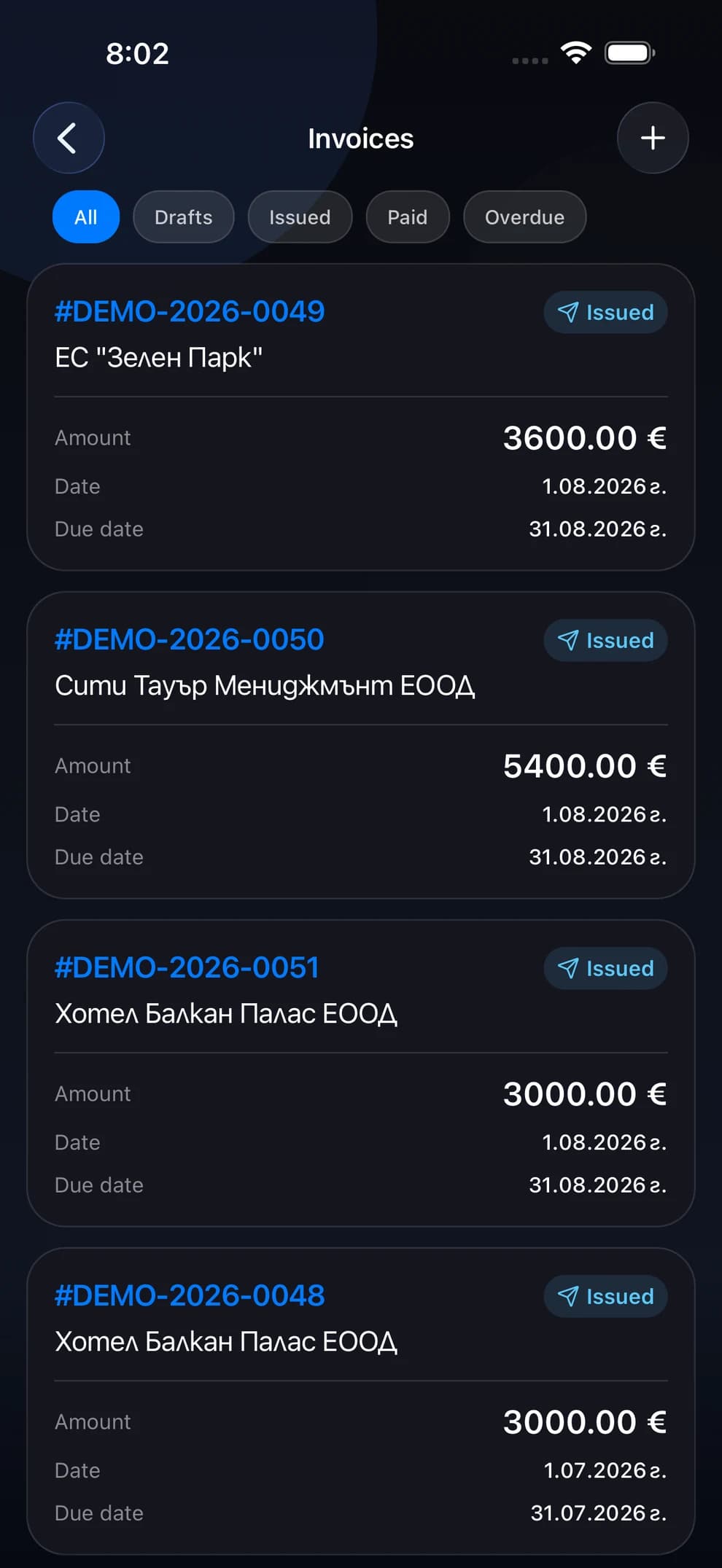 Invoices in LiftexPro with due dates, payments and overdue amounts