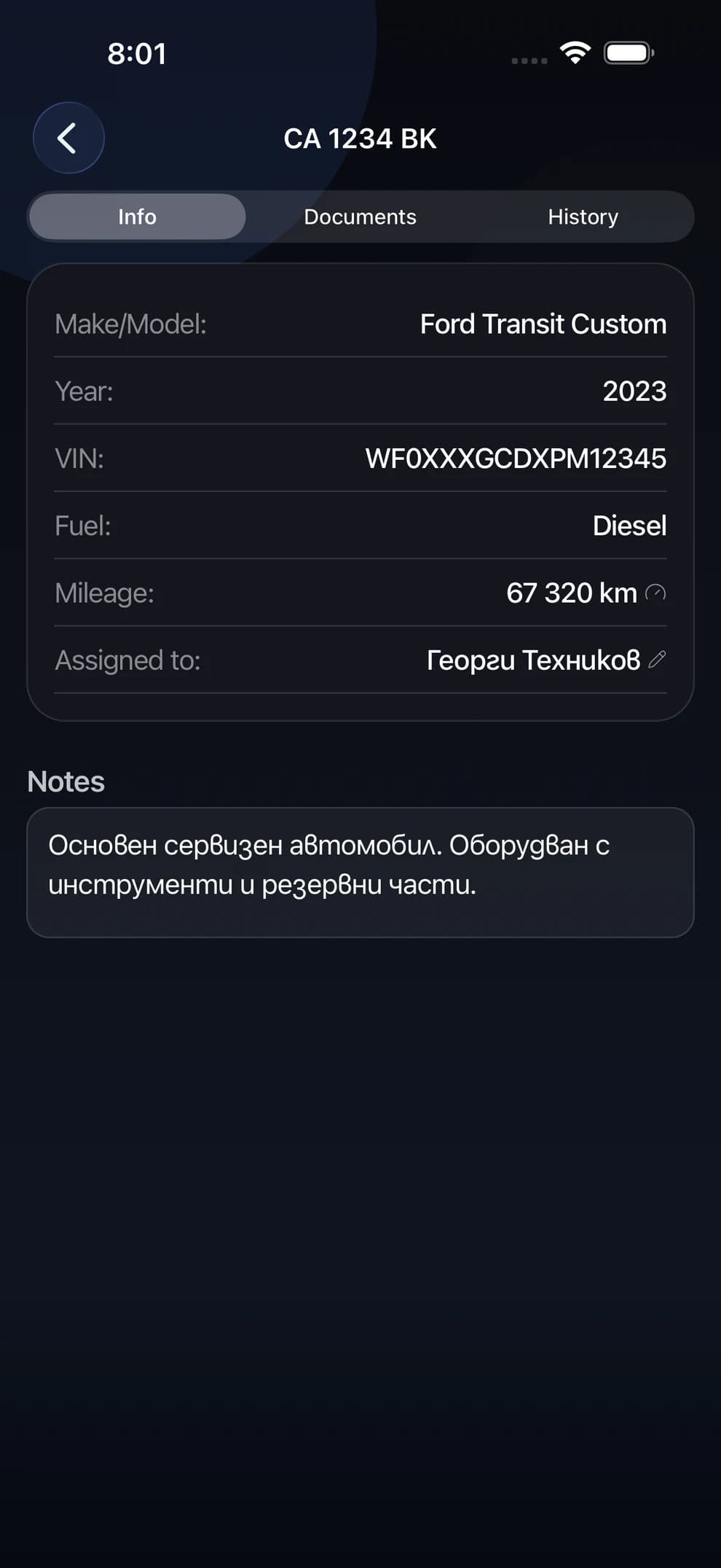 A company vehicle profile in LiftexPro — mileage, documents and the person responsible