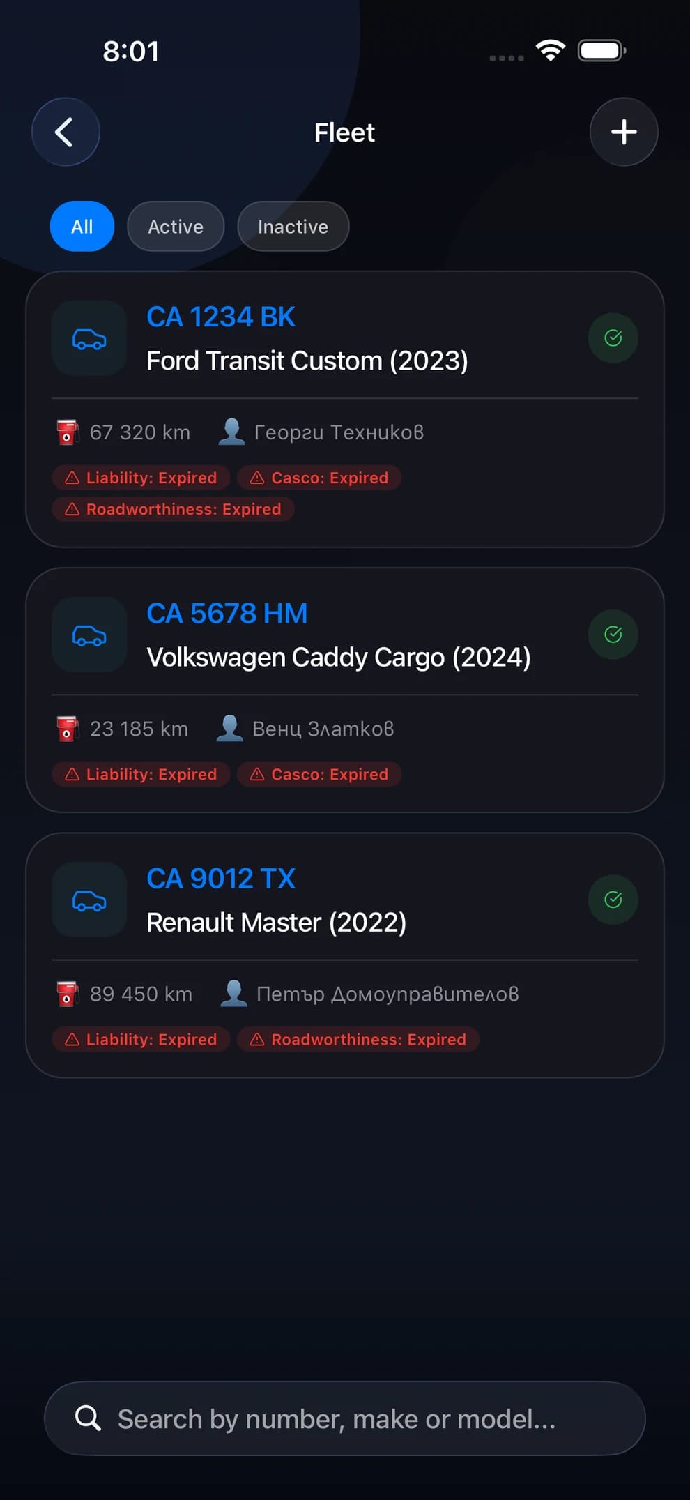 The vehicle fleet in LiftexPro with inspection and insurance due dates