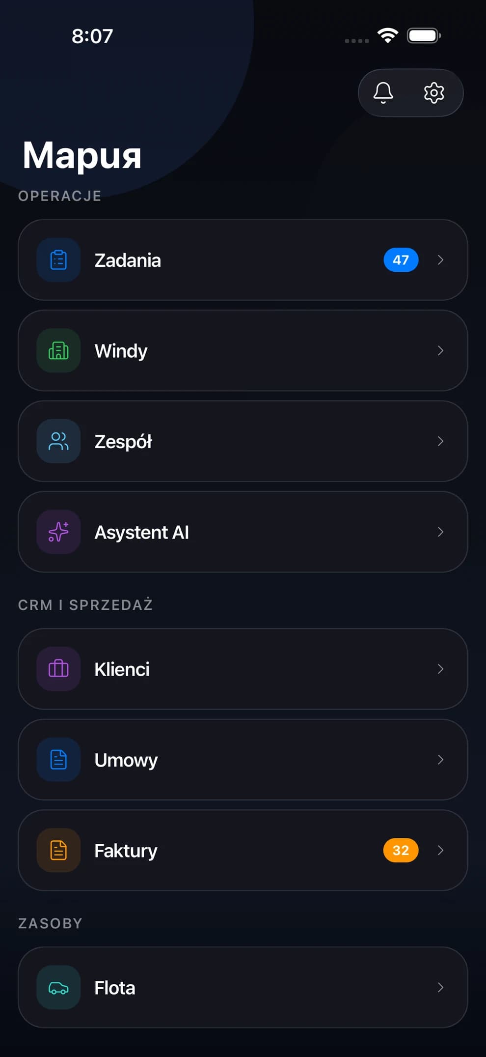Pulpit menedżera w LiftexPro — zadania, windy, zespół, klienci, umowy i faktury w jednym menu