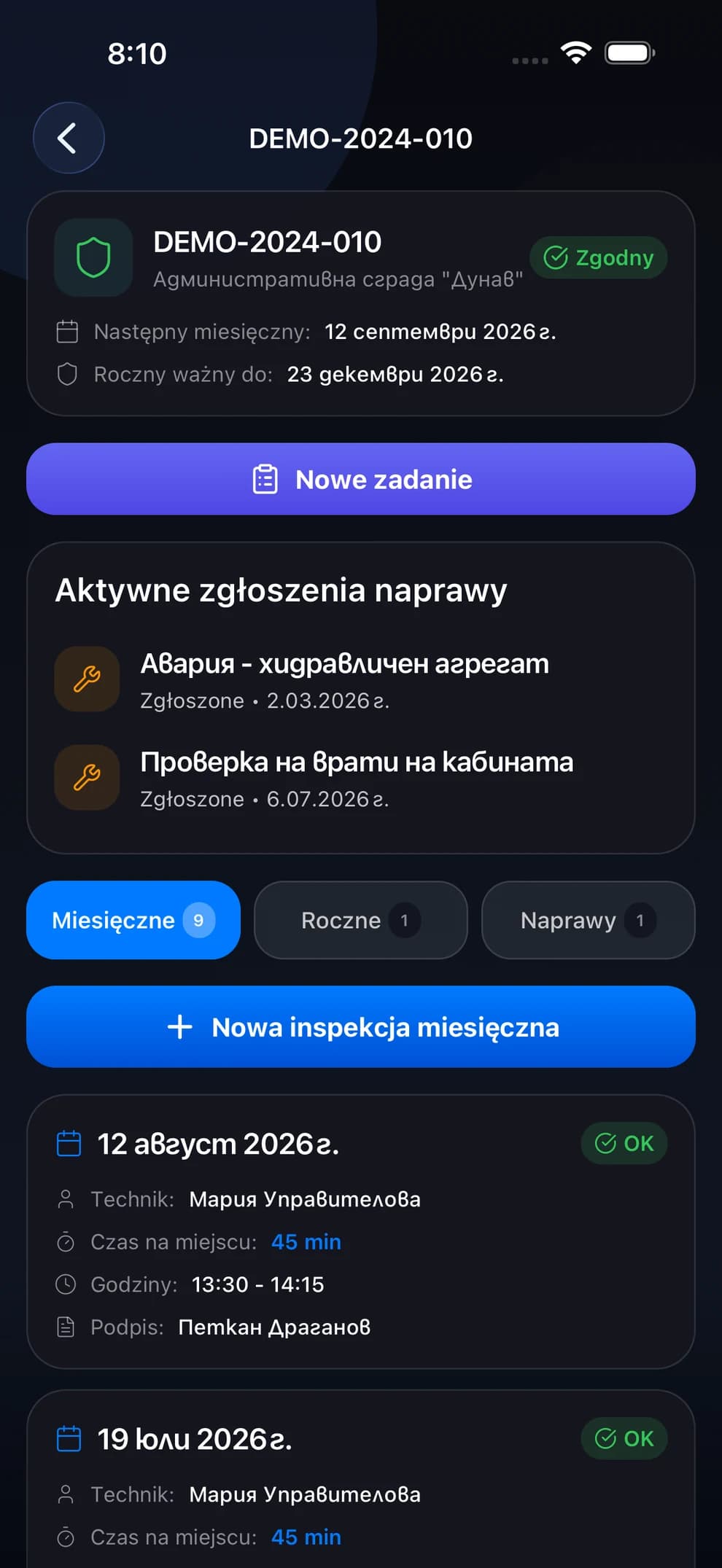 Dziennik windy w LiftexPro z przeglądami miesięcznymi i podpisanymi pozycjami
