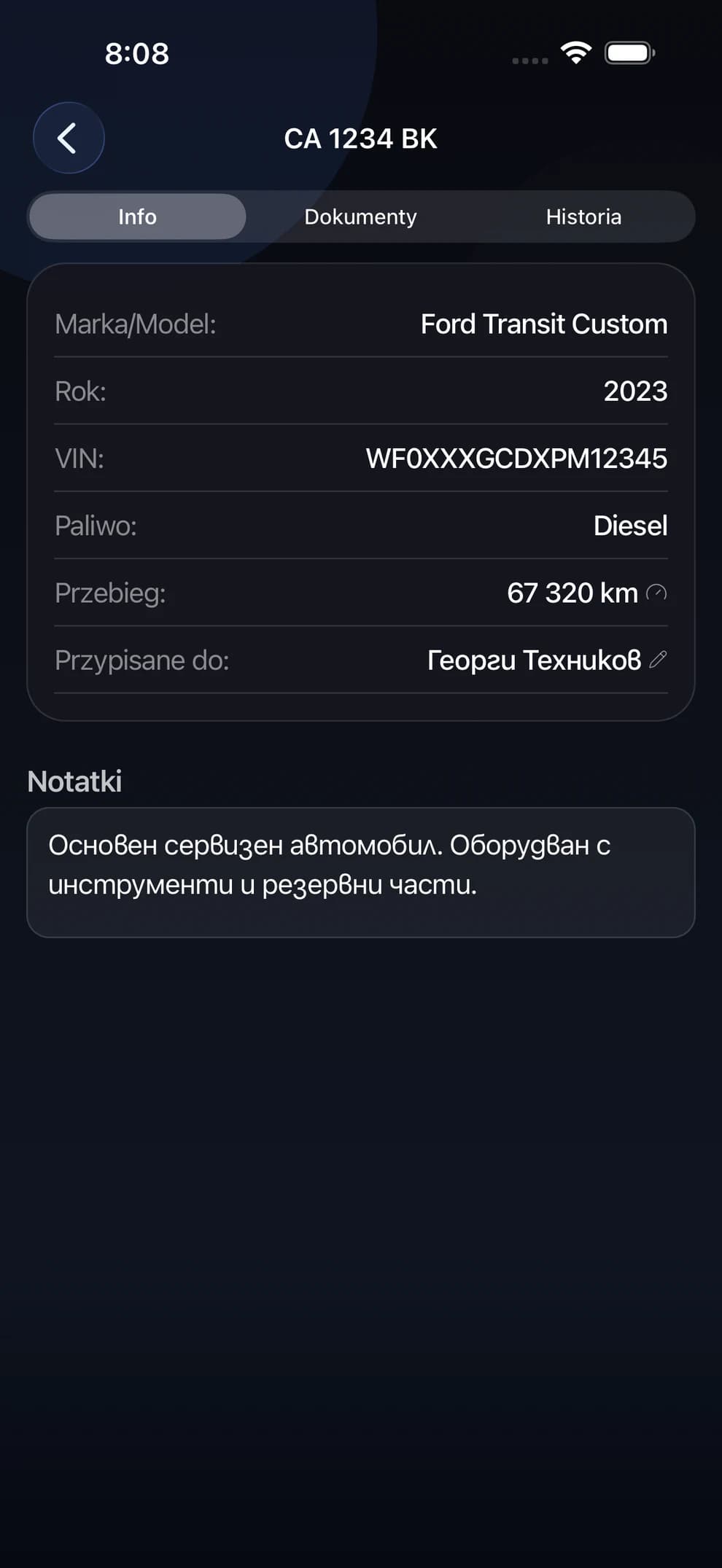 Profil pojazdu służbowego w LiftexPro — przebieg, dokumenty i osoba odpowiedzialna