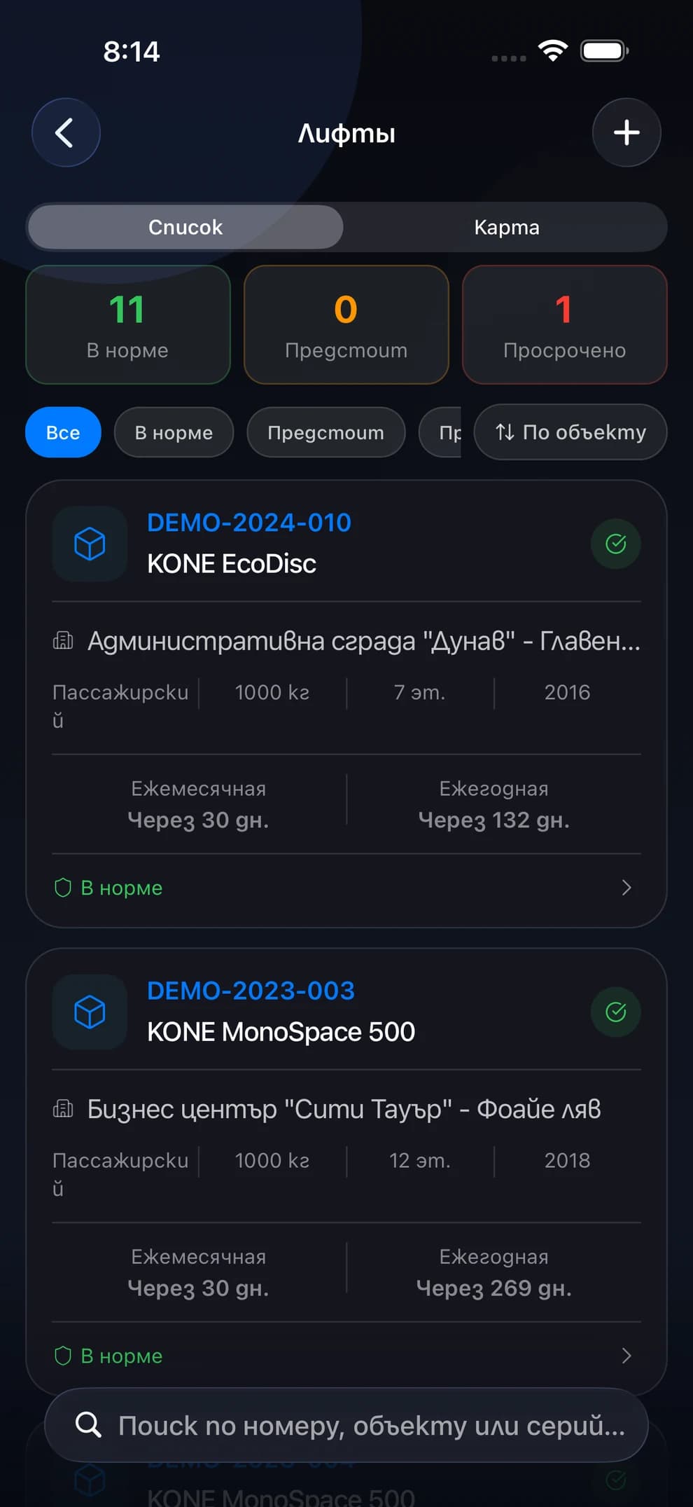 Список лифтов в LiftexPro со сроками ежемесячного обслуживания и годового освидетельствования