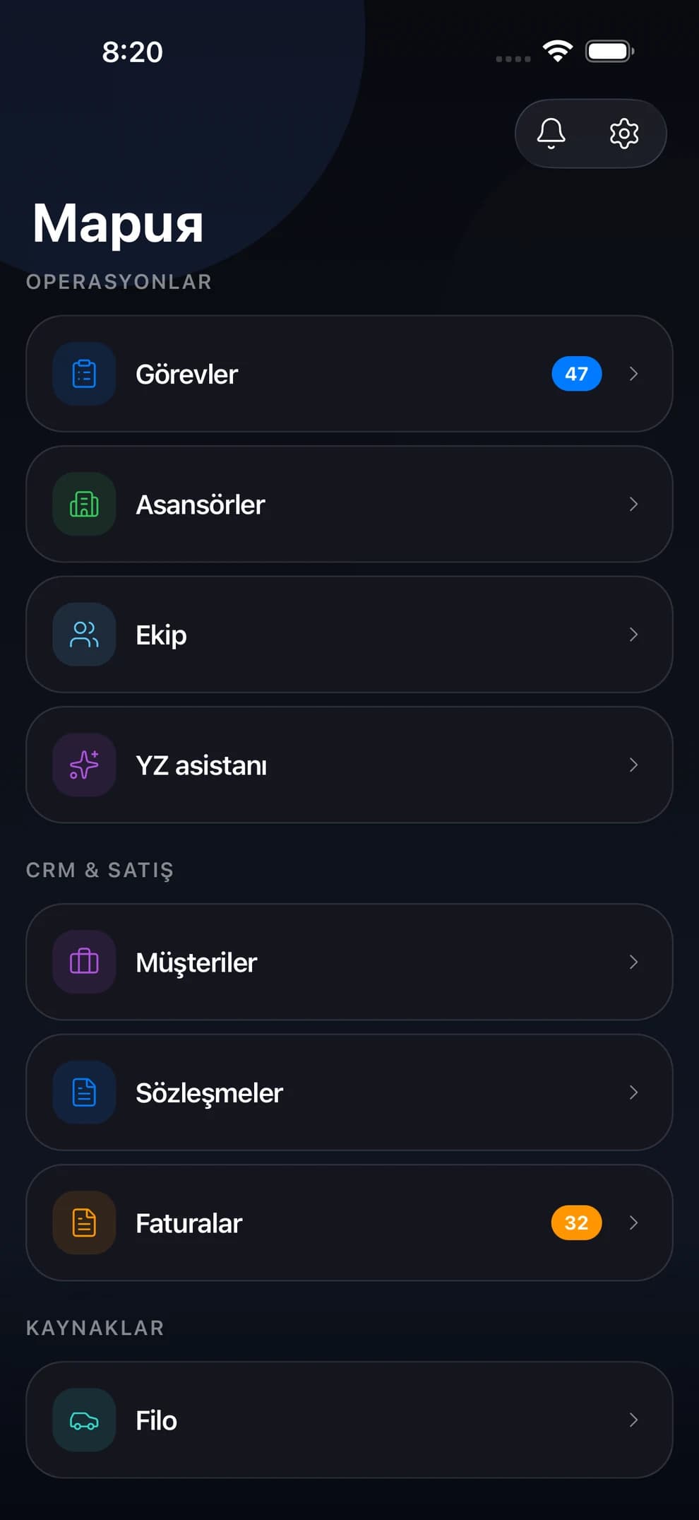 LiftexPro yönetici panosu — görevler, asansörler, ekip, müşteriler, sözleşmeler ve faturalar tek menüde