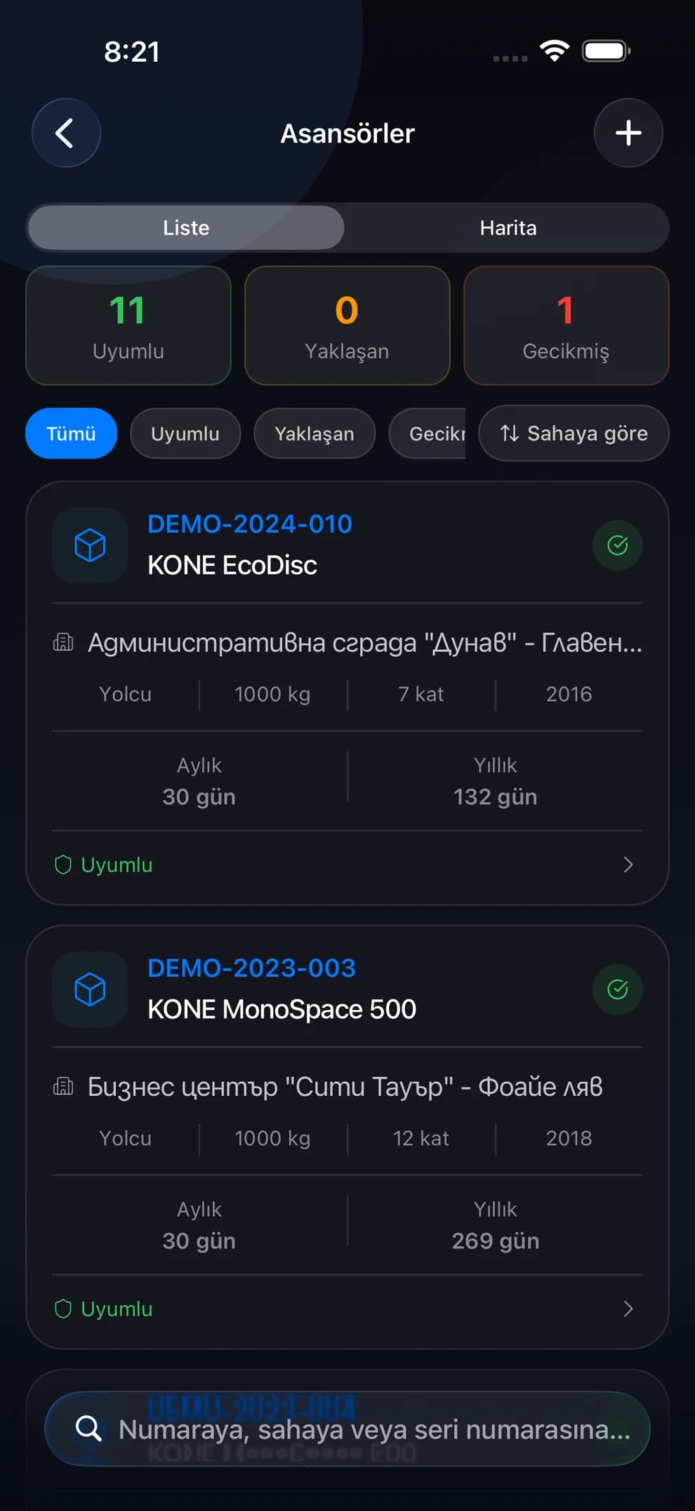 LiftexPro’da aylık bakım ve yıllık muayene tarihleriyle asansör listesi
