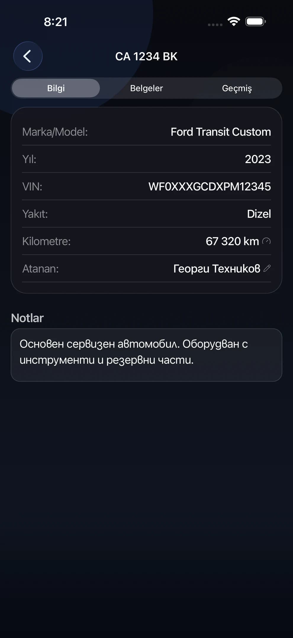 LiftexPro’da şirket aracı profili — kilometre, belgeler ve sorumlu kişi