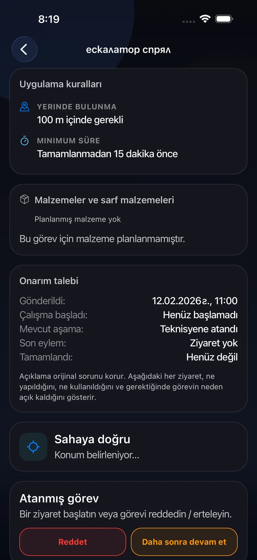 LiftexPro mobil uygulamasında bakım işi — adımlar, malzemeler ve telefondan fotoğraflar